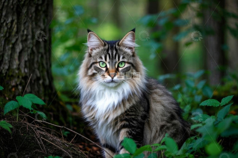 高清大图下载【趣麦麦图】森林中毛色斑驳的猫咪