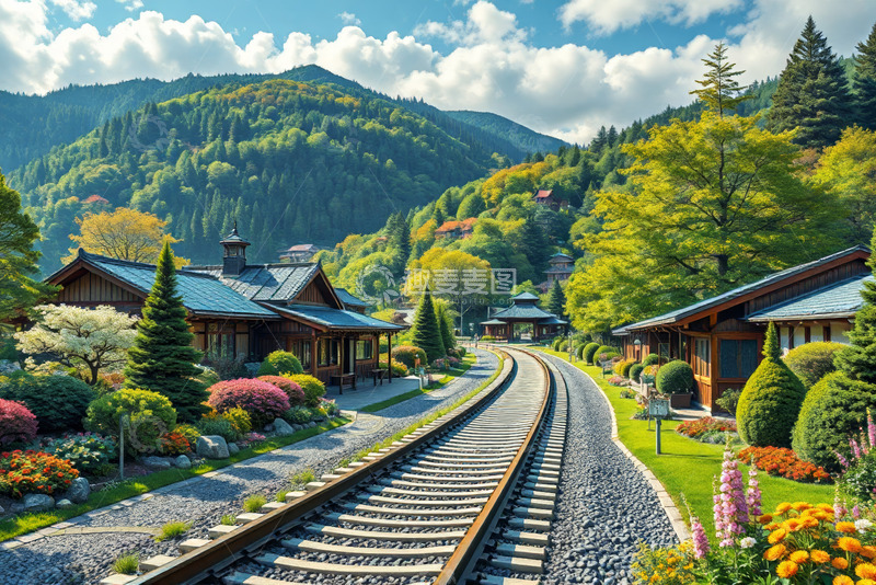高清大图下载【趣麦麦图】山间铁轨旁的木屋风景