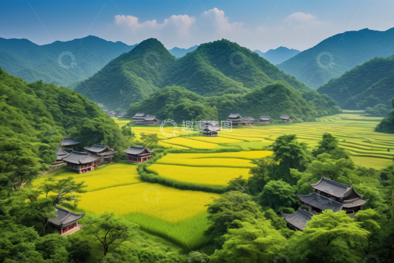 高清大图下载【趣麦麦图】山间梯田与中式建筑风景