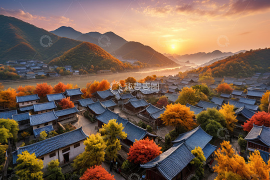 秋日山村古建筑全景