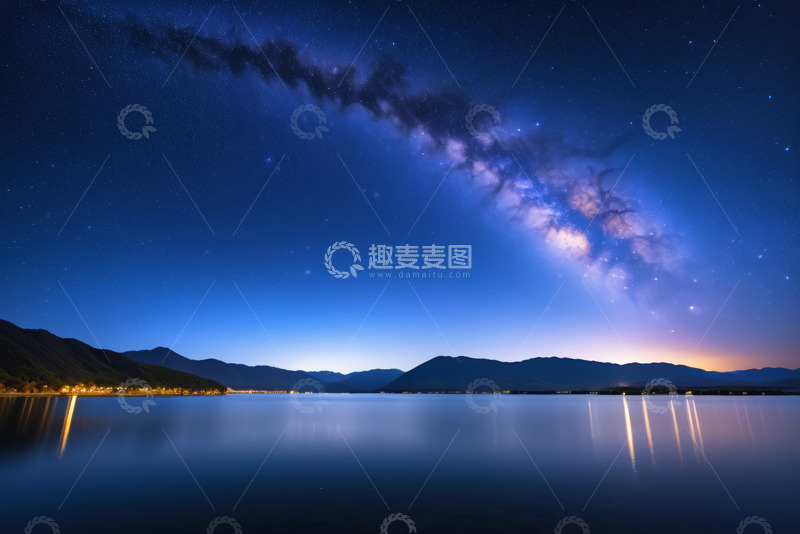 高清大图下载【趣麦麦图】夜空下湖泊与山脉的星空景象