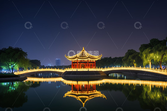 夜晚中式亭桥水景