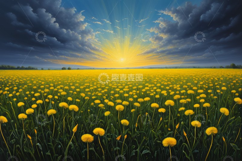 高清大图下载【趣麦麦图】蒲公英花海日出景观