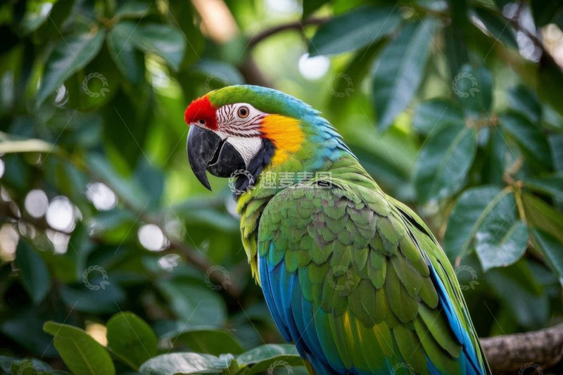 高清大图下载【趣麦麦图】色彩斑斓的金刚鹦鹉栖息枝头