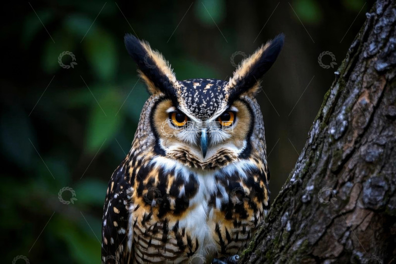 高清大图下载【趣麦麦图】树干上的猫头鹰特写