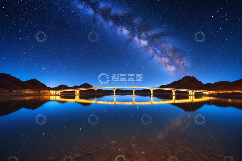 高清大图下载【趣麦麦图】夜空下桥梁与星空倒影景观
