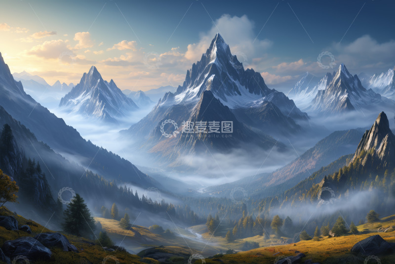 高清大图下载【趣麦麦图】雪山山谷自然风光全景