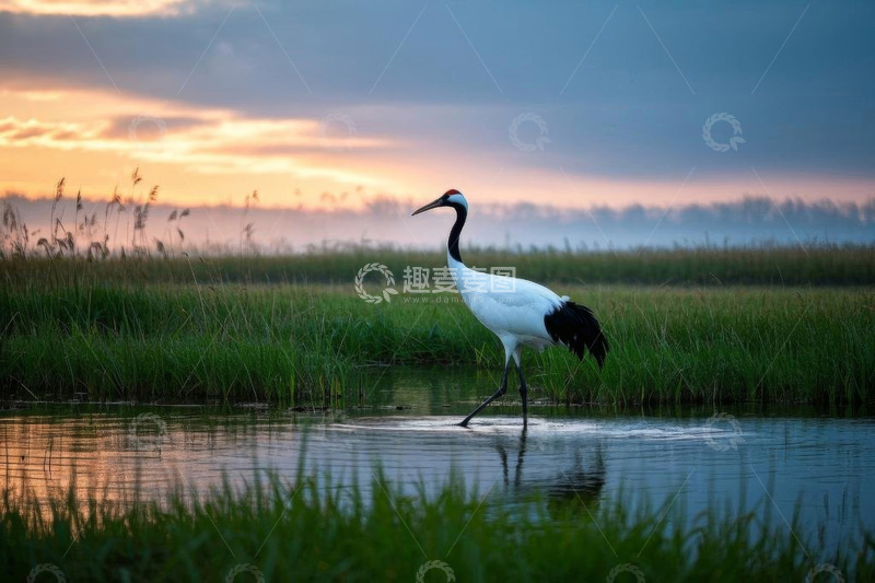 高清大图下载【趣麦麦图】日落时分湿地中的丹顶鹤