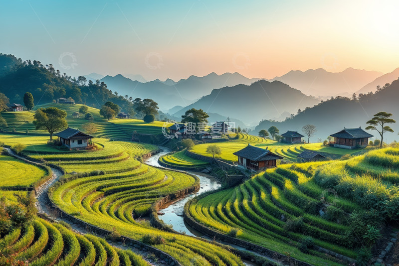 高清大图下载【趣麦麦图】田园风光中的梯田与民居