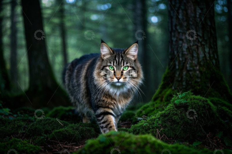 高清大图下载【趣麦麦图】森林中行走的长毛猫