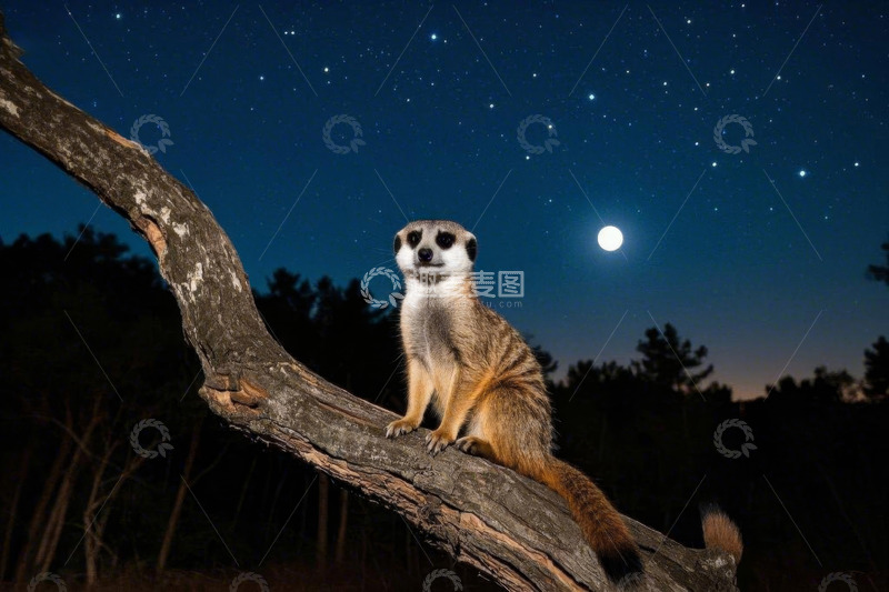高清大图下载【趣麦麦图】月夜下树枝上的猫鼬