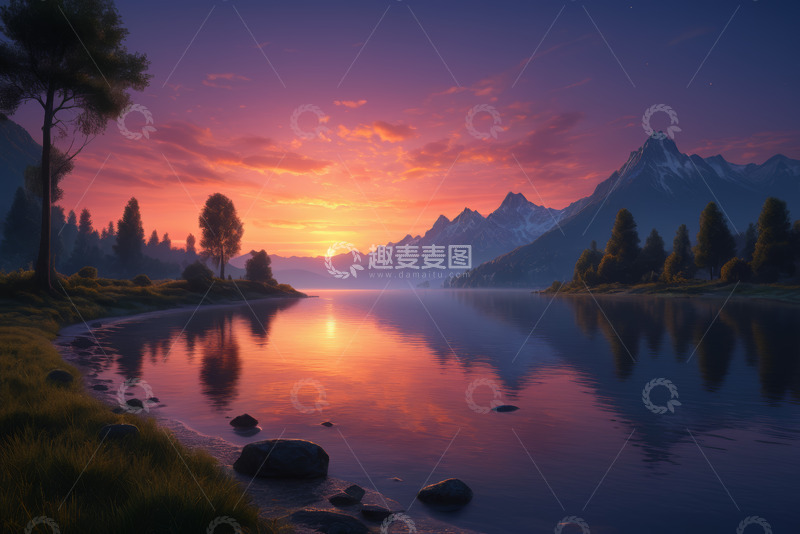 高清大图下载【趣麦麦图】湖畔日落山水自然风光