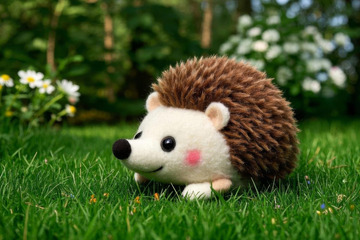 草地上的刺猬毛绒玩具