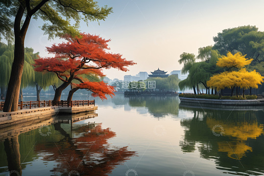湖边多彩树木与中式建筑景观
