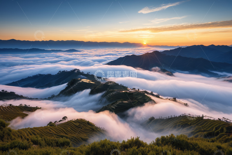 高清大图下载【趣麦麦图】山间云海日出梯田美景