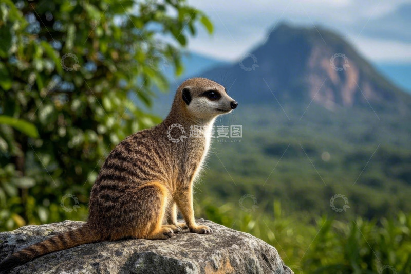 高清大图下载【趣麦麦图】岩石上的猫鼬眺望自然景观
