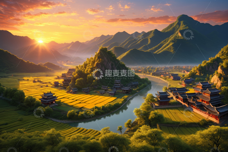 高清大图下载【趣麦麦图】山村日出自然风光