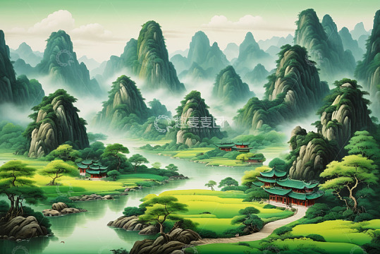 中国风山水间古典建筑景观