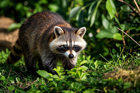 户外草地中的浣熊