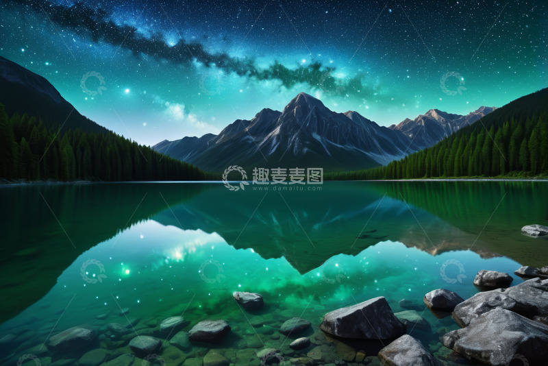 高清大图下载【趣麦麦图】山边湖泊星空夜景