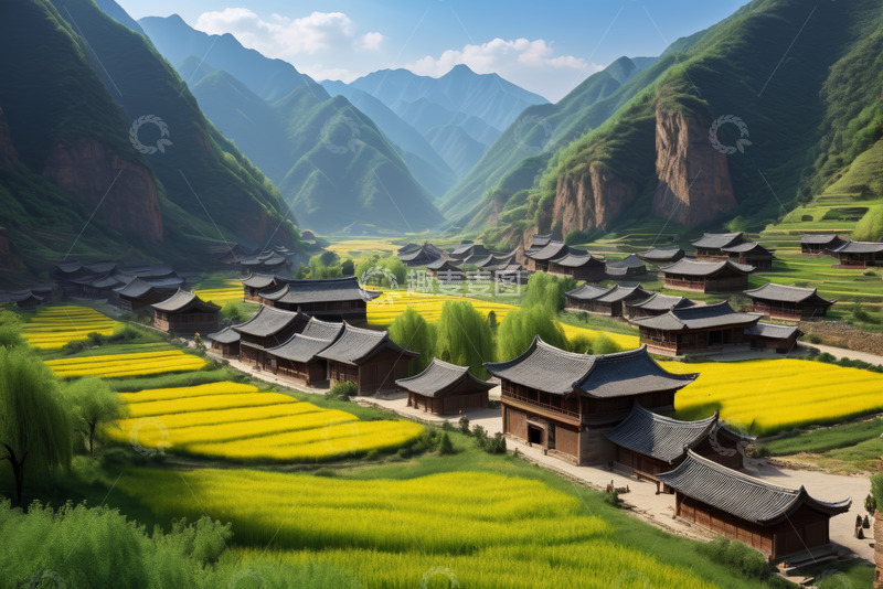 高清大图下载【趣麦麦图】山谷中的中式村落与农田景观
