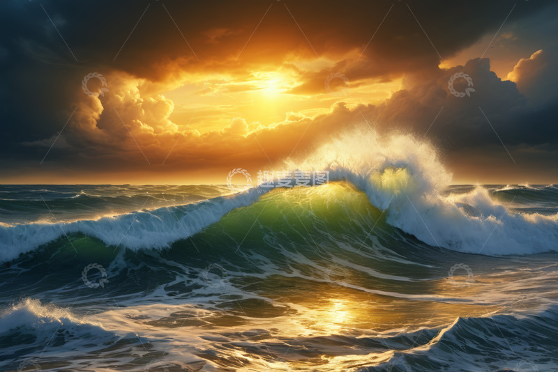 高清大图下载【趣麦麦图】海上夕阳下的汹涌海浪