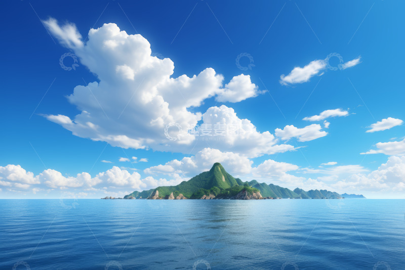 高清大图下载【趣麦麦图】海中岛屿与蓝天白云风景图