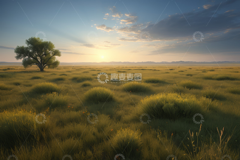 高清大图下载【趣麦麦图】草原上的孤树与落日景象
