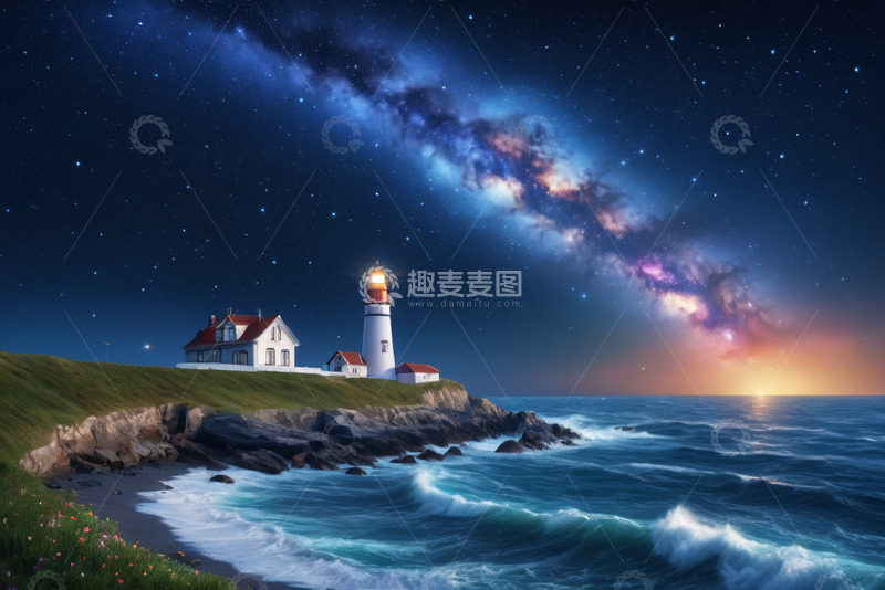 高清大图下载【趣麦麦图】海边灯塔夜景星空风景