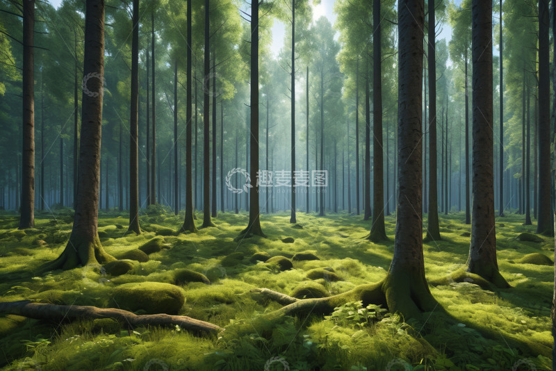 高清大图下载【趣麦麦图】阳光照耀下的茂密森林景观