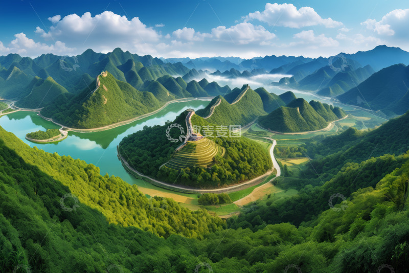 高清大图下载【趣麦麦图】青山绿水间蜿蜒的长城景观