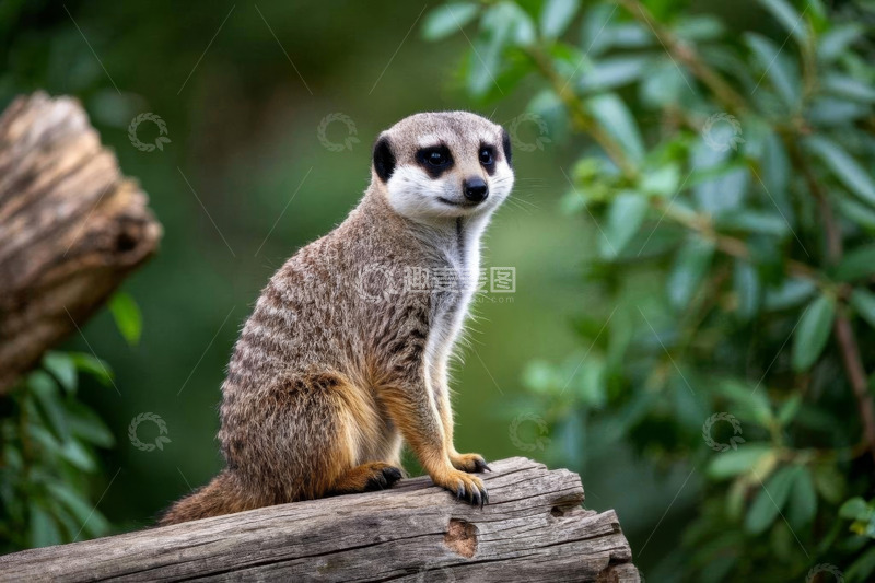 高清大图下载【趣麦麦图】猫鼬坐于木头上特写