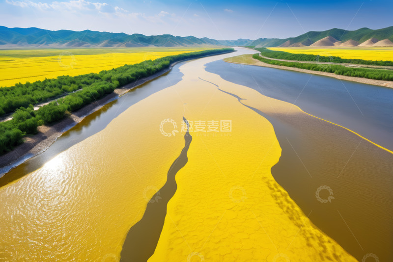 高清大图下载【趣麦麦图】河流旁金黄田野自然风光