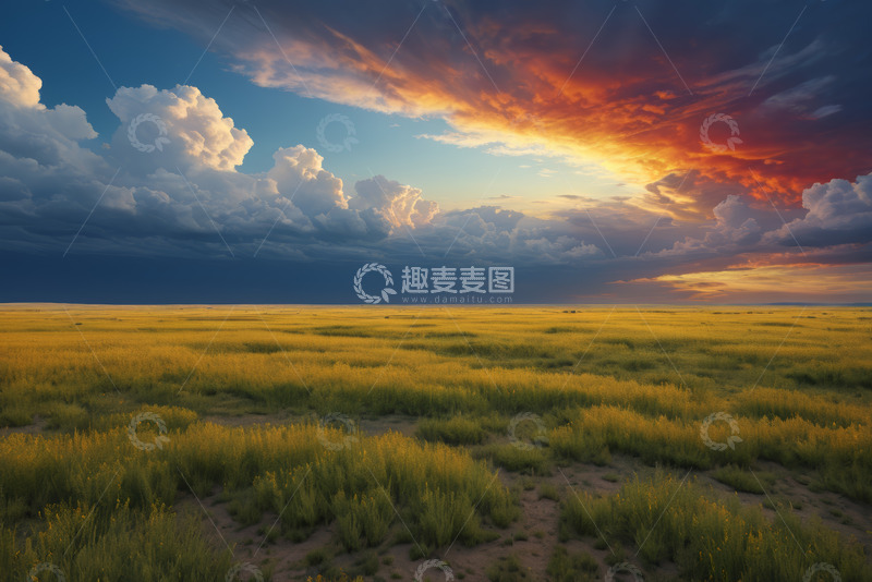 高清大图下载【趣麦麦图】草原上的壮丽天空与夕阳云彩