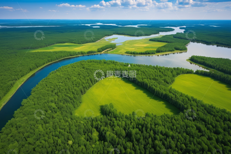 高清大图下载【趣麦麦图】河流森林自然风光航拍全景