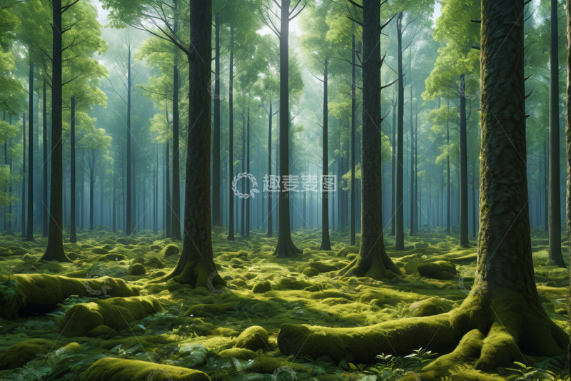 高清大图下载【趣麦麦图】阳光照耀下的茂密森林景观