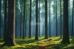 静谧森林阳光穿透树木场景