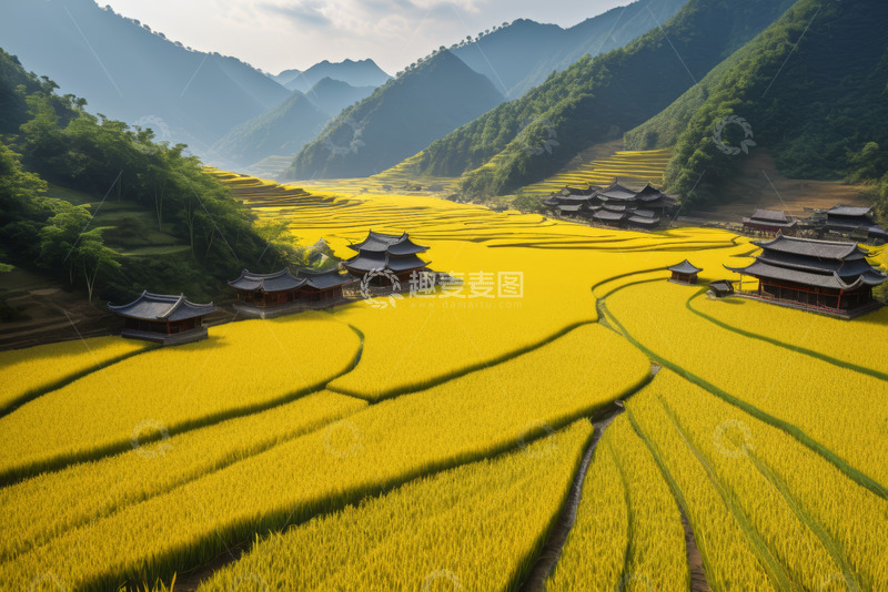 高清大图下载【趣麦麦图】乡村稻田与传统建筑景观