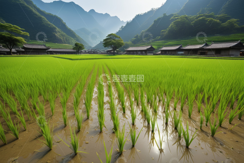 高清大图下载【趣麦麦图】山间稻田与传统建筑景观