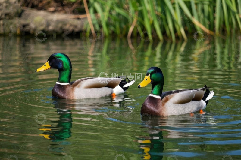 高清大图下载【趣麦麦图】池塘中游泳的绿头鸭