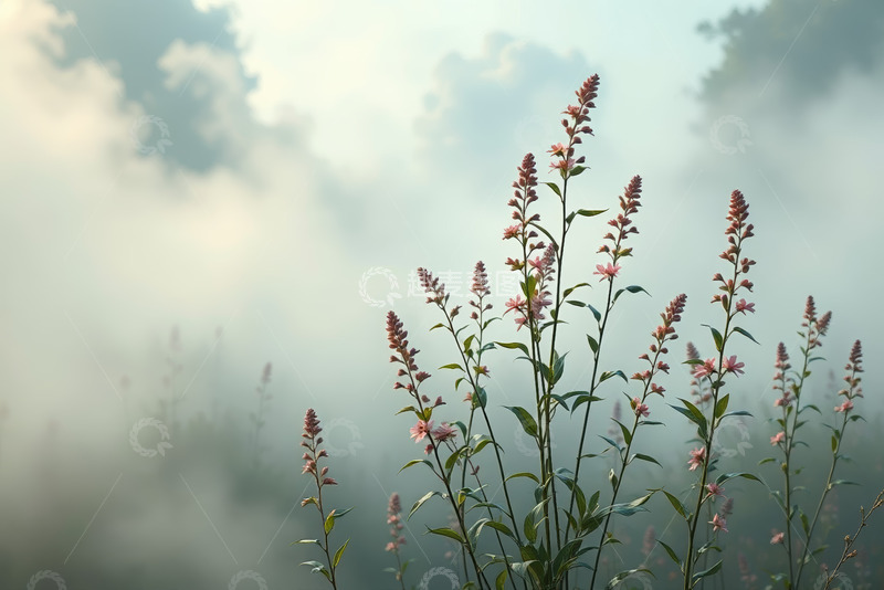 高清大图下载【趣麦麦图】晨雾中的粉色植物特写