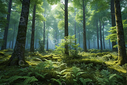 阳光洒落的茂密森林景观