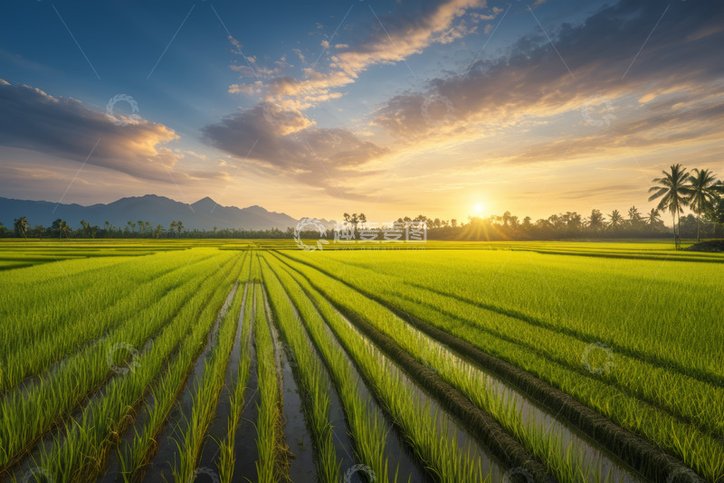 高清大图下载【趣麦麦图】夕阳下的绿色稻田风光