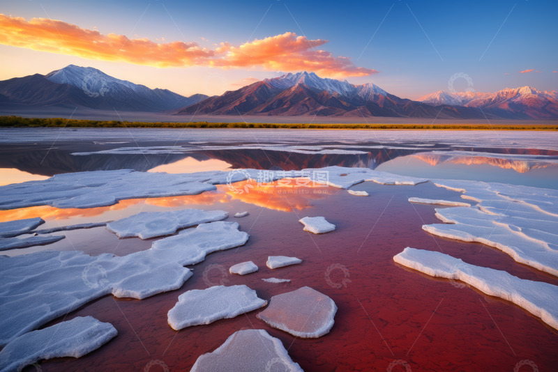 高清大图下载【趣麦麦图】雪山下的盐湖日落景象