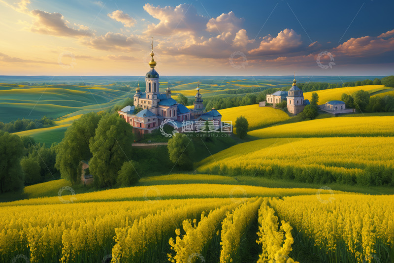高清大图下载【趣麦麦图】田园教堂自然风光全景