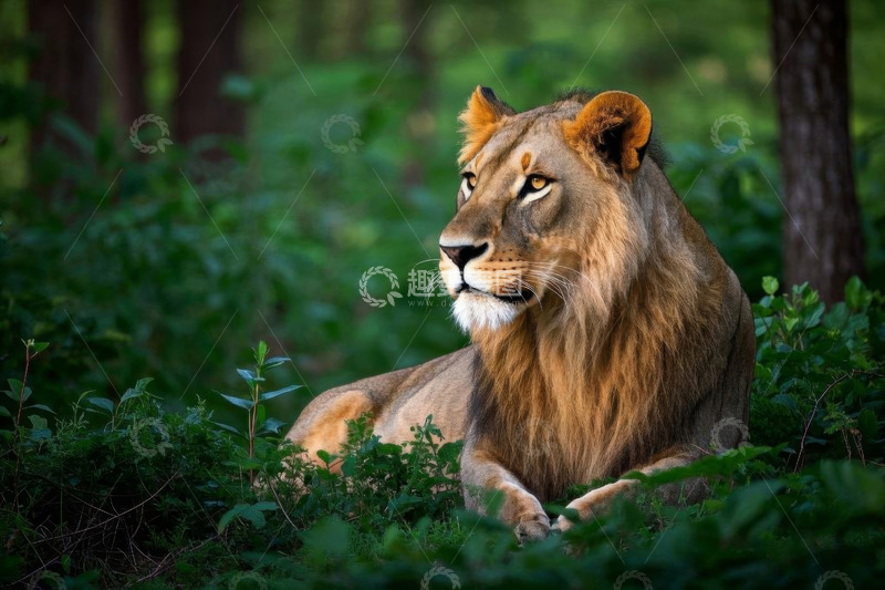 高清大图下载【趣麦麦图】森林中休憩的雄狮