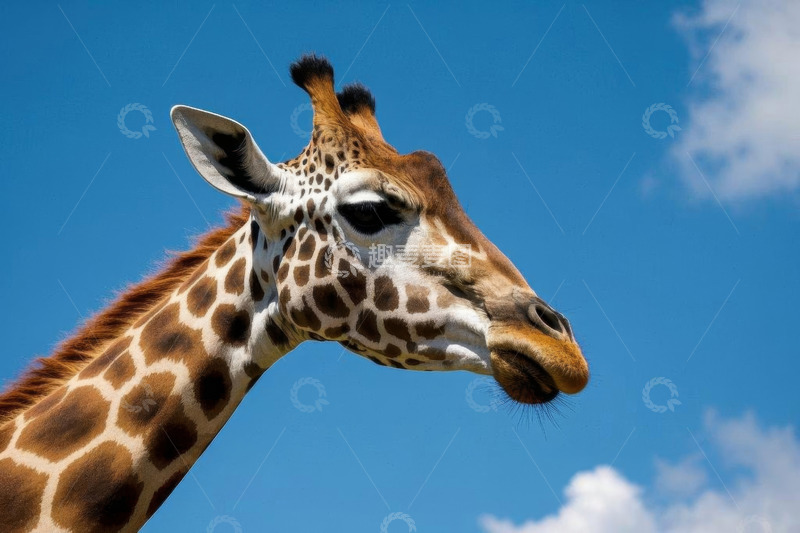 高清大图下载【趣麦麦图】蓝天白云下的长颈鹿特写