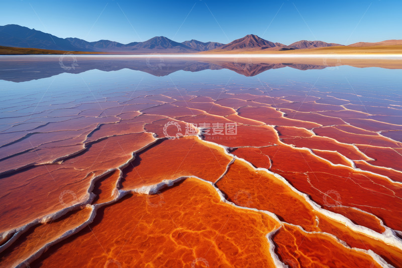 高清大图下载【趣麦麦图】红色盐湖与远处山脉景观