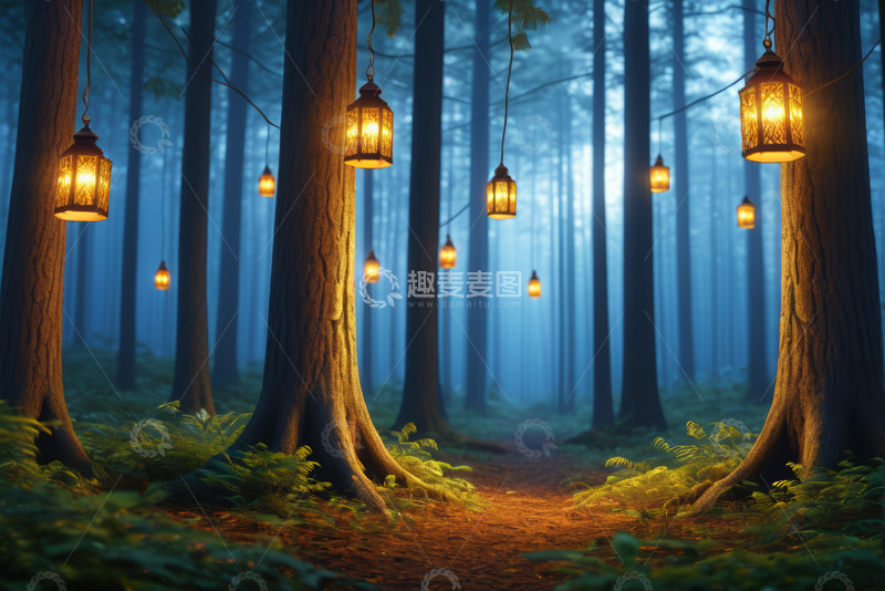 高清大图下载【趣麦麦图】森林中悬挂着灯笼的静谧小径