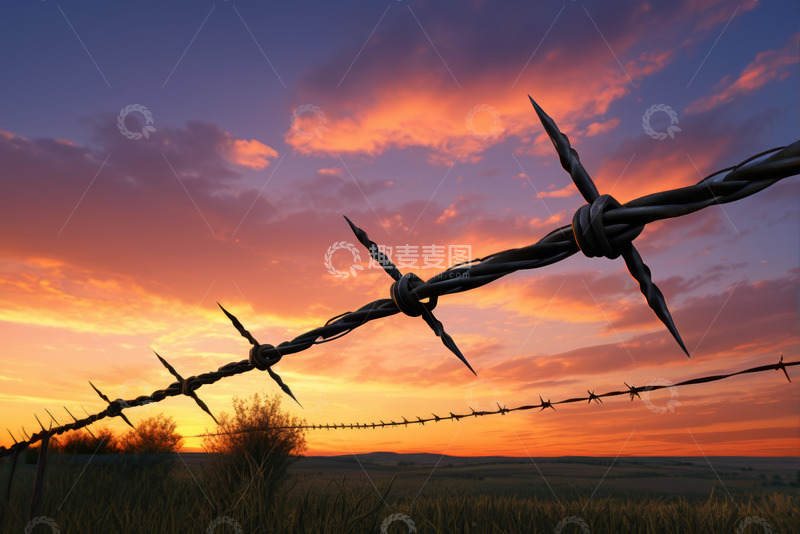 高清大图下载【趣麦麦图】夕阳下带刺铁丝网自然风光